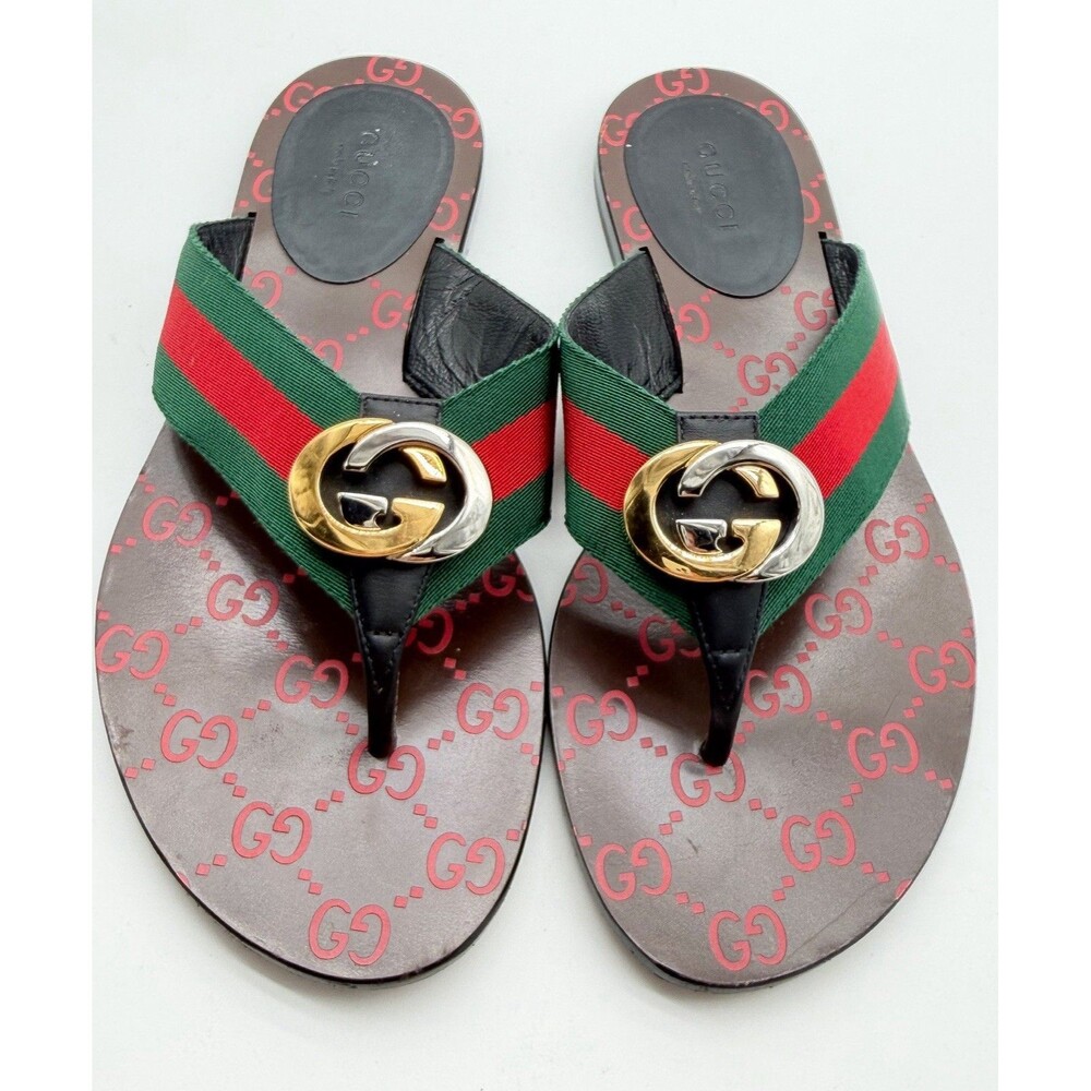 Gucci Kika GG Web Stripe Thong Sandals Black Red Flip Flop Flats EU 37.5 US 7.5 - Picture 10 of 13